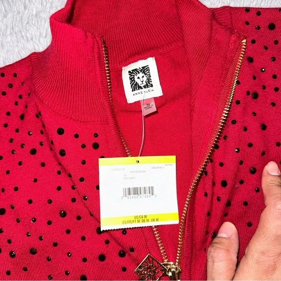 Anne Klein fire red and black rhinestone sweater